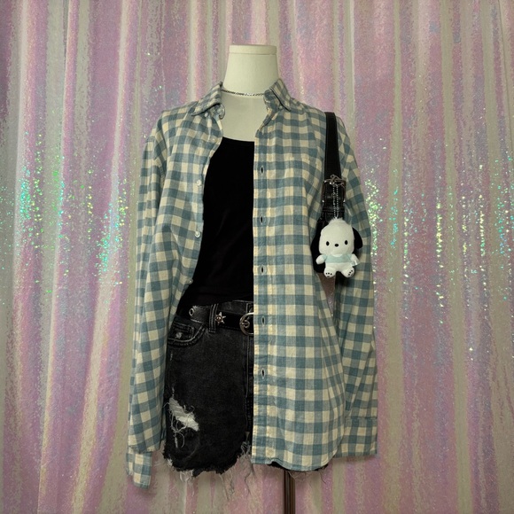blue and white checker plaid button up top - Picture 1 of 8